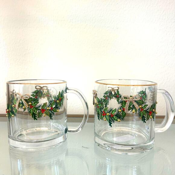 Hand Painted & Jeweled Thick Glass Mug Set of 2 Coquette Christmas Holly & Bows - Picture 1 of 16